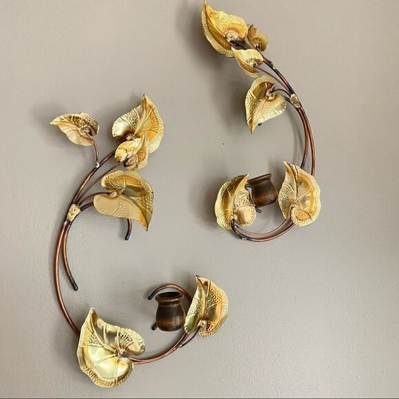 Mid Century Metal Leaf Candle Sconces Wall Decor - Picture 3 of 10